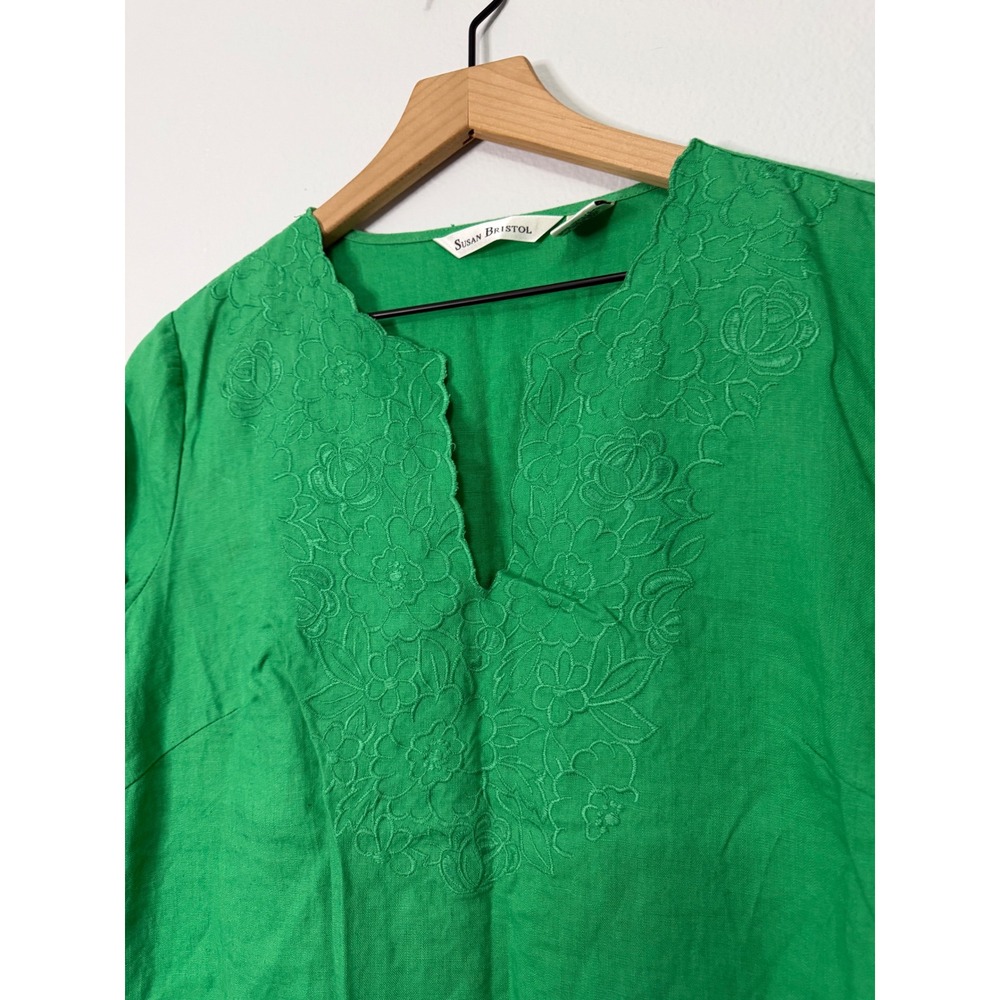 Vintage Susan Bristol - 100% Linen Kelly Green Embroidered Blouse Size Large - Picture 3 of 8